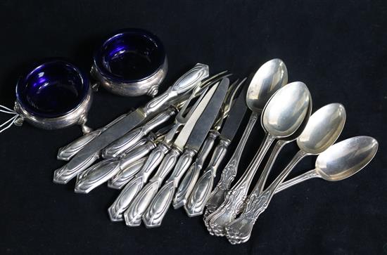 A pair of George III silver salts a set of 6 Victorian silver teaspoons and 6 pairs of 800 standard silver handled sweetmeat eaters